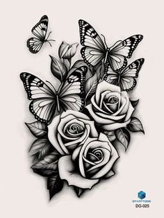 black and white roses with butterflies on them