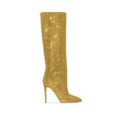 Glamorous Gold Heeled Boots For Party, Glamorous Gold Heeled Boots For Evening, Elegant Knee-high Rhinestone Boots, Elegant Knee-high Boots With Rhinestones, Luxury Pointed Toe Boots For Party, Luxury Pointed Toe Party Boots, Elegant Gold Heeled Boots For Winter, Elegant Heeled Boots With Rhinestones For Evening, Elegant Rhinestone Heeled Boots For Evening