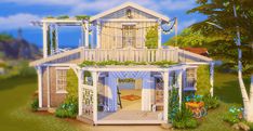 an animated house is shown in the middle of some trees and grass with flowers on it