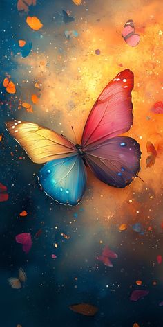 two butterflies flying in the air with colorful colors on them and water droplets around them