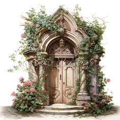 an illustration of a door with vines and flowers around it