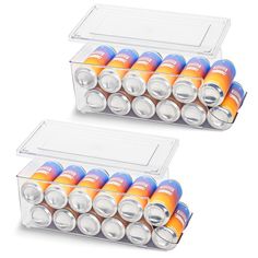 two plastic containers filled with orange and blue batteries