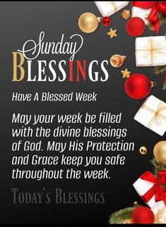 a black background with red and gold ornaments, presents and words that say sunday blessing