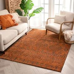 a living room with two couches and a rug on the floor in front of a window