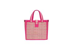 Shangri La features bursts of berry woven through natural fibers in varying stripes of fuchsia, scarlet red and mandarin orange with fuchsia pink coloured fabric trimming. The Mini Gallery Tote is our original bag design. It is carefully handcrafted with woven matting, made from 100% Natural Organic Grass Fibres, and 100% cotton trimming. It features a fabric fastening which buttons over the top of the bag to secure its contents. The Mini Gallery Tote is the perfect bag for those wanting to fit Pink Straw Tote Bag With Leather Handles, Pink Straw Bag With Leather Handles For Shopping, Chic Pink Woven Bag, Pink Straw Bag With Leather Handles For Everyday, Summer Pink Straw Bag With Leather Handles, Pink Straw Bag With Leather Handles For Summer, Pink Woven Tote Shoulder Bag, Chic Pink Straw Bag For Shopping, Pink Rectangular Straw Bag With Leather Handles