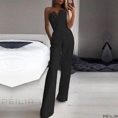 Peilia – Womens Wrap-Front Jumpsuit with High-Waisted Wide-Leg Silhouette Solid Color Party Jumpsuits And Rompers With Pockets, Fitted Party Jumpsuits And Rompers With Pockets, Fitted Black Strapless Jumpsuit, Black V-neck Strapless Jumpsuit For Party, Waist Circumference, Straight Leg Pants, Dressmaking, Leg Pants, Length Sleeve