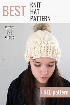 woman wearing knit hat Super Bulky Hat Knitting Pattern, Super Bulky Knit Hat Pattern Free, Knit A Hat For Beginners, Beginner Knit Hat, Chunky Hat Pattern, How To Knit A Hat, Knitting Hat Patterns, Knotting Patterns