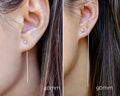 two pictures of the same ear with different piercings on each side and one has a single bar attached to it