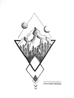 a black and white drawing of mountains with trees in the middle, surrounded by stars