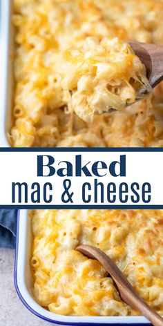 baked macaroni and cheese in a casserole dish with a wooden spoon