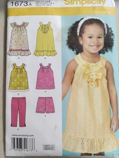 Simplicity 1673 Pattern Toddler Girls Top Pants Shorts Dress Size 1/2 1 2 3 4 | eBay Toddler Summer Dresses, Summer Dress Patterns, Toddler Summer, Sewing Patterns For Kids, Couture Vintage, Simplicity Sewing Patterns, Simplicity Patterns, Top Cropped, Dress Sewing Patterns