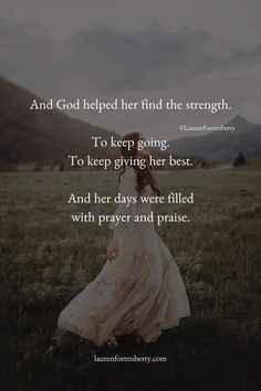 a woman in a white dress walking through a field with the words and god helped her find