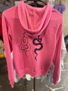 Block printed sweatshirt, handmade, hand-carved stamps, unisex sweatshirt, zip-up, hoodie, snakes, Barbie pink Pink Band Merch Sweatshirt For Streetwear, Pink Long Sleeve Hoodie With Screen Print, Pink Long Sleeve Band Merch Sweatshirt, Casual Pink Hoodie With Screen Print, Barbie Rosa, Carved Stamps, Crystal Lake, Zip Sweatshirt, Snakes