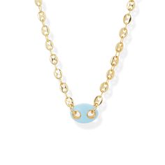 18k Gold-Plated Brass Length: 14" Extender: 2" Lobster clasp closure Blue Pendant Necklace With Cable Chain, Blue Gold-plated Chain Necklace As Gift, Blue Gold Plated Chain Necklace As Gift, Light Blue Clavicle Chain Necklace, Elegant Blue Jewelry With Cable Chain, Elegant Blue Cable Chain Jewelry, Blue Oval Link Necklaces For Gift, Blue Oval Link Necklace For Gift, Blue Tarnish Resistant Pendant Jewelry