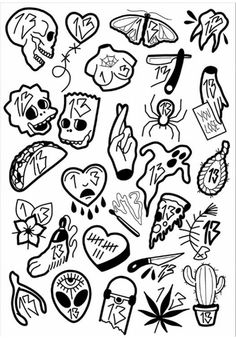 a black and white drawing of different kinds of tattoos