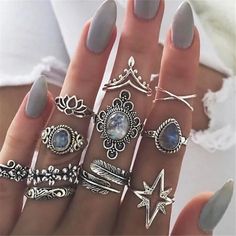 Midi Ring Set, Grunge Jewelry, Boho Crystal, Bohemian Crystal, Daisy Ring, Knuckle Ring, Silver Ring Set, Knuckle Rings, Gem Ring