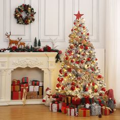 a decorated christmas tree in front of a fireplace