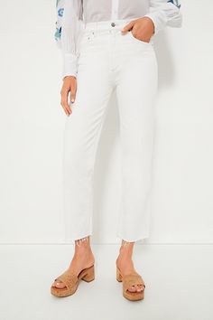 White Sabine Straight Raw Hem Elegant Straight Leg Jeans For Everyday, Fitted White Cropped Jeans For Fall, Chic White Straight Hem Jeans, Elegant Relaxed Fit Cotton Jeans, Chic White Jeans With Straight Hem, White Tapered Leg Jeans For Fall, Elegant High Rise Relaxed Fit Jeans, Chic White Cropped Jeans For Fall, Classic White Mid-rise Cropped Jeans