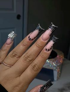 Different Design On Each Nail French Tip, Rod Wave Concert Nail Ideas, Black Nails Cheetah Print, Acrylic Charm Nails, Cursive On Nails, Long Curved Duck Nails, Croc Print Duck Nails, Junk Set Nails, Black Acrylics With Design