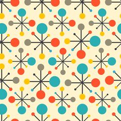 an abstract pattern with circles and dots on a cream background, in shades of blue, yellow, red, orange and grey