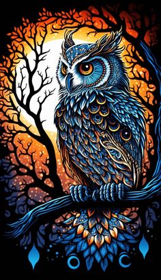 an owl sitting on top of a tree branch in front of a full moon sky