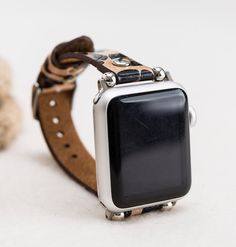 "Leather Leopard Pattern Womens Slim Band for Apple Watch 1-6 Leather is full grain (best) leather. Our leathers are premium quality full grain leather and tested by international firms. Size: Medium (fits 150-190mm (5.9\"-7.4\") wrists.) Color of buckle will be same of adapter color. For silver, gold and rose gold adapters, bead color will be same of adapter color. For black and space gray adapters, bead color will be silver. Rivet color on the band is silver. We have also gold color rivets. Fo Leather Apple Watch Band For Everyday Use, Luxury Leather Watch Accessories With Black Band, Luxury Black Leather Watch Bands, Modern Rectangular Leather Bracelet, Brown Leather Rectangular Watch Bands, Rectangular Brown Leather Watch Bands, Brown Leather Bracelet With Palladium Hardware, Leather Rectangular Apple Watch Band, Rectangular Leather Apple Watch Band