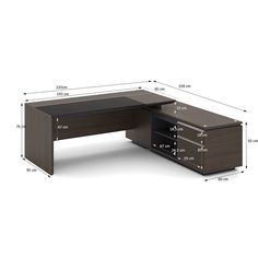 an office desk with measurements for the top and bottom section, including one end table