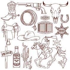 the western symbols are drawn in black and white, including a cowboy hat, lasso,