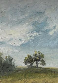 an oil painting of two trees in a field