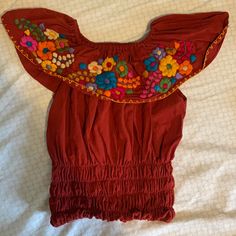 This Shirt Is So Beautiful. Hand Stitched. From Mexico. I Just No Longer Wear It. Looks So Damn Cute With A Highwaisted Skirt Or Jeans. Highwaisted Skirts, Quince Themes, Mexican Shirts, Off The Shoulder Blouse, Mexican Dresses, Strawberry Shortcake, Quince, Beautiful Hand, So Beautiful