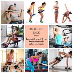 a collage of photos showing women doing exercises with dumbbells and bench presses