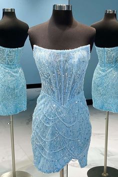 Light Blue Strapless Short Homecoming Dress Short Blue Formal Dresses, Blue Feather Dress Short, Neon Blue Homecoming Dress, Light Blue Short Dress Formal, Light Blue Fancy Dress Short, Sky Blue Homecoming Dresses, Homecoming Dress Light Blue, Diamond Homecoming Dress, Prom Dresses Blue Short