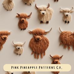 there are many woolly animals on the wall together with text overlay that reads pink pineapple patterns co