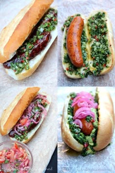 four pictures of hot dogs with different toppings