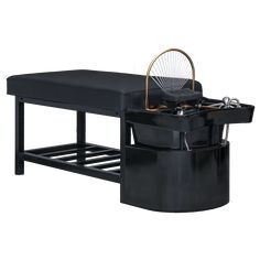 a black bench with a chair on top of it