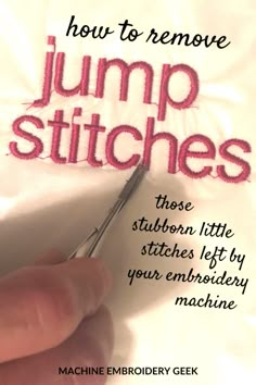 a hand holding a pair of scissors in front of a piece of paper with the words jump stitches on it