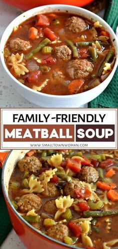 two bowls filled with meatball soup on top of a green mat and the words family - friendly meatball soup