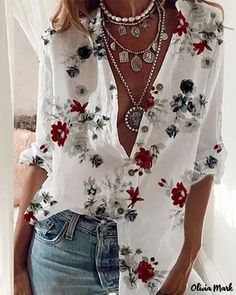 Olivia Mark – Camisa abotonada de manga larga con estampado floral Camisa abotonada de manga larga con estampado floral. Weekend Clothing, Honey Bee Jewelry, Blouse Size Chart, Fashionable Tops, Fashion Outfits Casual, Women Shirt Top, Bee Jewelry, Trendy Summer Outfits, Estilo Chic