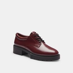 A modern take on classic oxford silhouettes our smooth leather Lyla Derby features a chunky ‘90s-inspired lug sole for subtle lift and great traction. The lace-up silhouette is finished with a comfortable padded footbed for all-day wear. | Coach Lyla Derby Shoes - Women's Size 10 - Merlot Derby Shoes Women, Large Wallet, 90s Inspired, Derby Shoes, Lug Sole, Merlot, New Handbags, Loafers For Women, Belt Bag