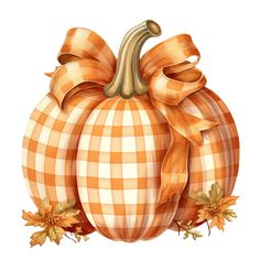 an orange and white checkered pumpkin with a bow on it's head, watercolor painting