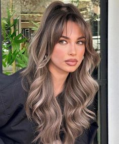 Bronde Balayage With Curtain Bangs, Soft Cool Brown Hair, Blonde Highlights On Dark Brown Hair Curtain Bangs, Trendy Hair Colors For 2024, Blonde Highlights And Bangs, Blonde Bangs With Brown Hair, Blonde Balayage With Bangs, Blonde Highlights Bangs, Beige Blonde Highlights