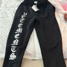 Never Worn Authentic Vetements Unisex Black Logo Joggers Size Xs Small But Fits Larger Than Xs If A Woman Is Wearing These Pants Fits More Like A Small However The Pants Are Unisex So Im Assuming Thats Why They Are A Lil Larger Fitting Named Collective Joggers, Goth Sweatpants, Black And White Sweatpants, Embroidered Sweatpants, Clothes Hacks, Diy Clothes Hacks, Brown Co, Black Sweatpants, Clothing Hacks