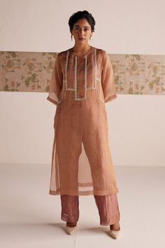 Brown kurta with zardozi embroidered geometric patterns. Comes with pant and bustier. - Aza Fashions Eid Party, Kurta Set For Women, Pant For Women, Luxury Sale, Kurta With Pants, Kurta Set, Pants Pattern, Modern Bride, Geometric Patterns