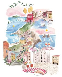 a watercolor painting of an italian town by the sea with lemons and wine glasses