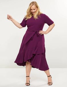 Ruffle Hem Fit & Flare Dress | Lane Bryant Plum Dresses, Magenta Dress, Career Wear, Faux Wrap Dress, Plus Size Dress, Elegant Dress, Fit Flare Dress