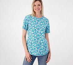 Add some personality to your warm-weather wardrobe with this short-sleeve top. The Perfect Jersey material keeps you cool and comfy, while the bold print makes a strong style statement. From Denim & Co.® Fashions. Strong Style, Crew Neck Top, Style Statement, Bold Prints, Denim Women, Warm Weather, Short Sleeves Tops, Sleeve Top, Short Sleeves