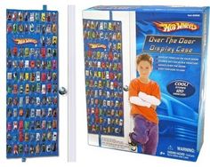 the back and side of a display case for hot wheels toys, with an image of a boy in orange shirt holding a white frisbee