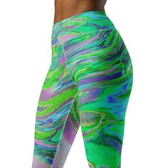 Yoga Leggings for Women - Cool Abstract Chartreuse and Blue Groovy Retro Green Athleisure Leggings For Training, Athleisure Green Leggings For Training, Green Compression Leggings For Pilates, Green Moisture-wicking Yoga Pants For Training, Green Moisture-wicking Leggings For Sports, Green Moisture-wicking Yoga Pants, Green Fitted Tights For Pilates, Fitted Green Tights For Pilates, Green Tight Gym Tights