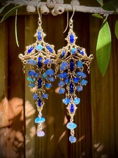 Handmade chandelier earrings in Lapis Lazuli , blue opal and 14k gold fill Blue Opal Gemstone Earrings, Bohemian Blue 14k Gold-filled Jewelry, Blue Bohemian 14k Gold Filled Jewelry, Bohemian Blue 14k Gold Filled Jewelry, One-of-a-kind Elegant Blue Earrings, Handmade Chandelier, Lapis Lazuli Blue, Woodland Hills, Blue Opal