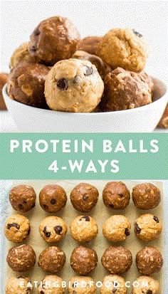 an image of protein balls with chocolate chips in them and the title above it reads, protein balls 4 - ways